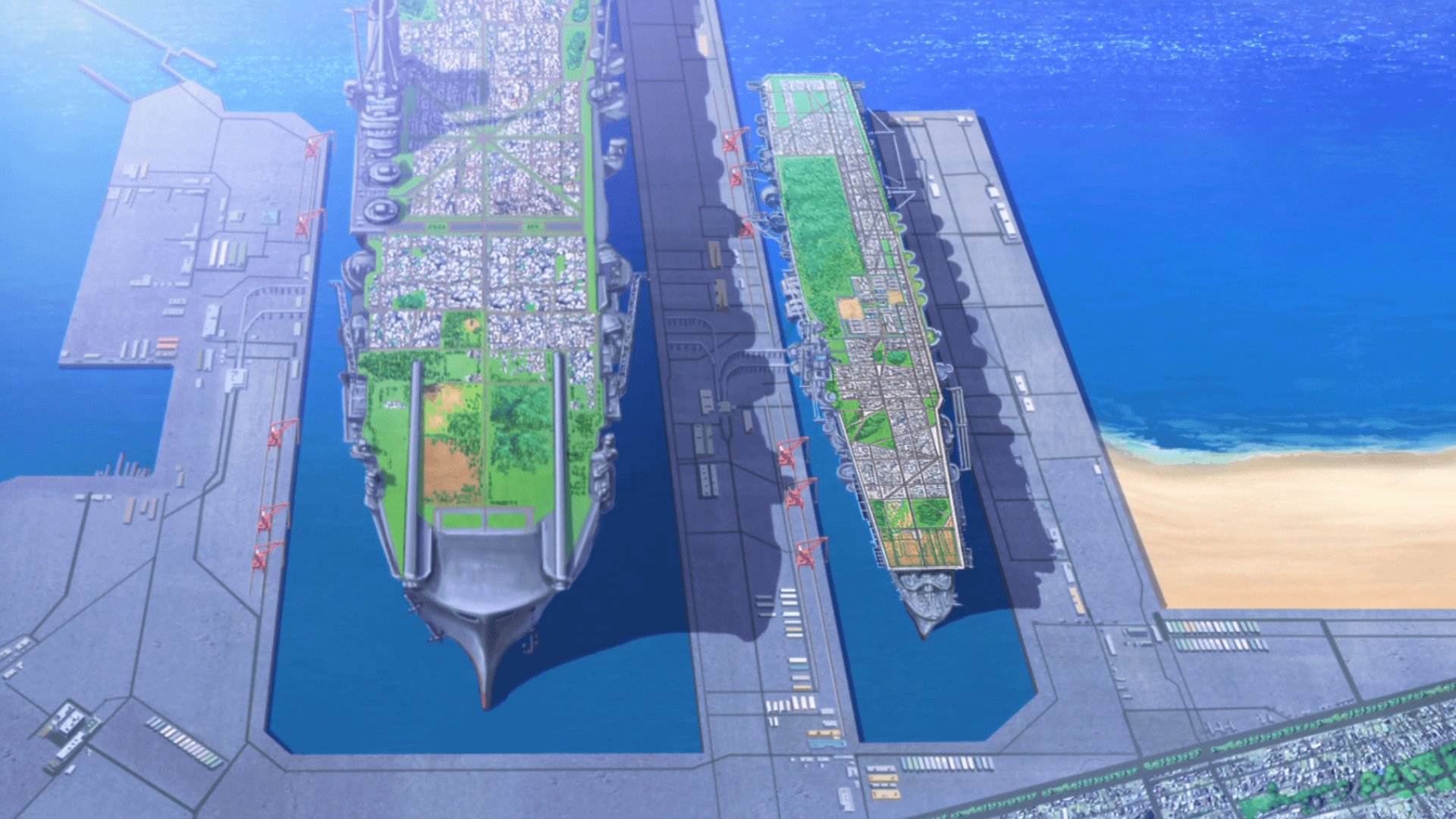 Girls-und-Panzer-St.-Gloriana-Carrier-and-Oarai-Carrier-Docked.png