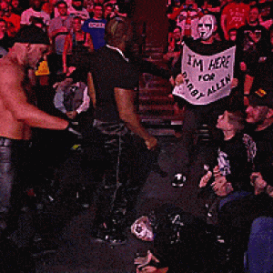 (GIF) A crowd member wearing a Sting mask unmasks to become Sting