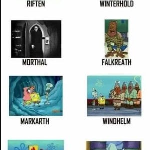 Referencing the cities of Skyrim with scenes of Spongebob