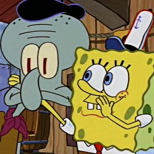 Spongebob fools Squidward that an art guy was visiting the Krusty Krab