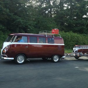 This VW Samba Bus towing a miniature Samba Bus