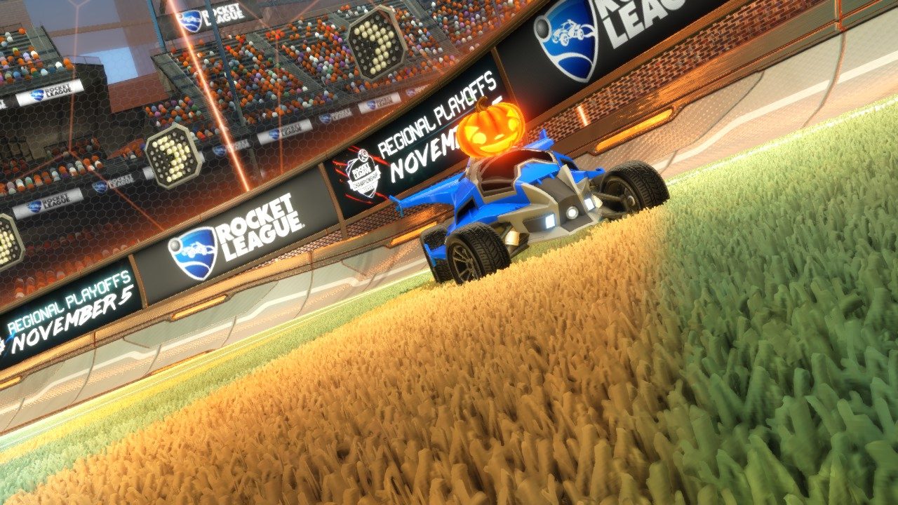 Carved pumpkin somehow stationary on the round top of the Aftershock