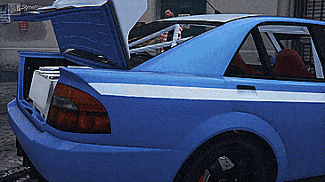 (GIF) Possessed man under overpowering influence of some native American relic tries to get possession of some drug filled sports sedan
