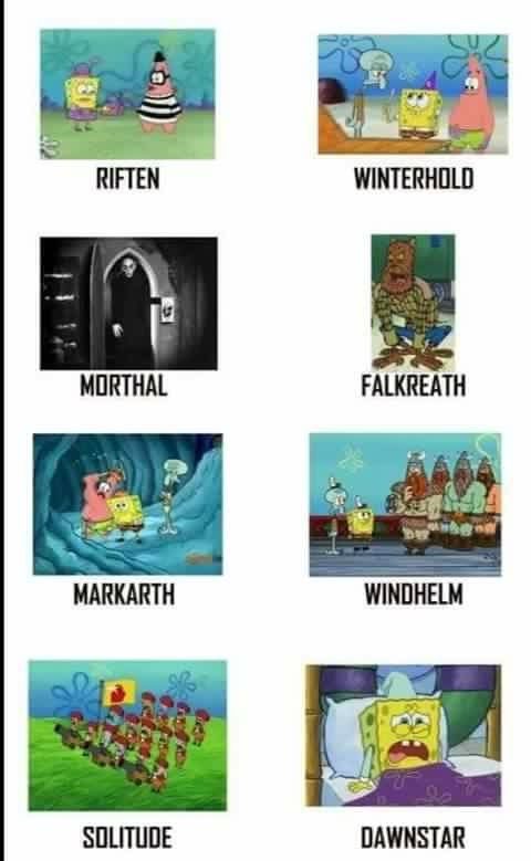 Referencing the cities of Skyrim with scenes of Spongebob