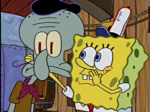 Spongebob fools Squidward that an art guy was visiting the Krusty Krab