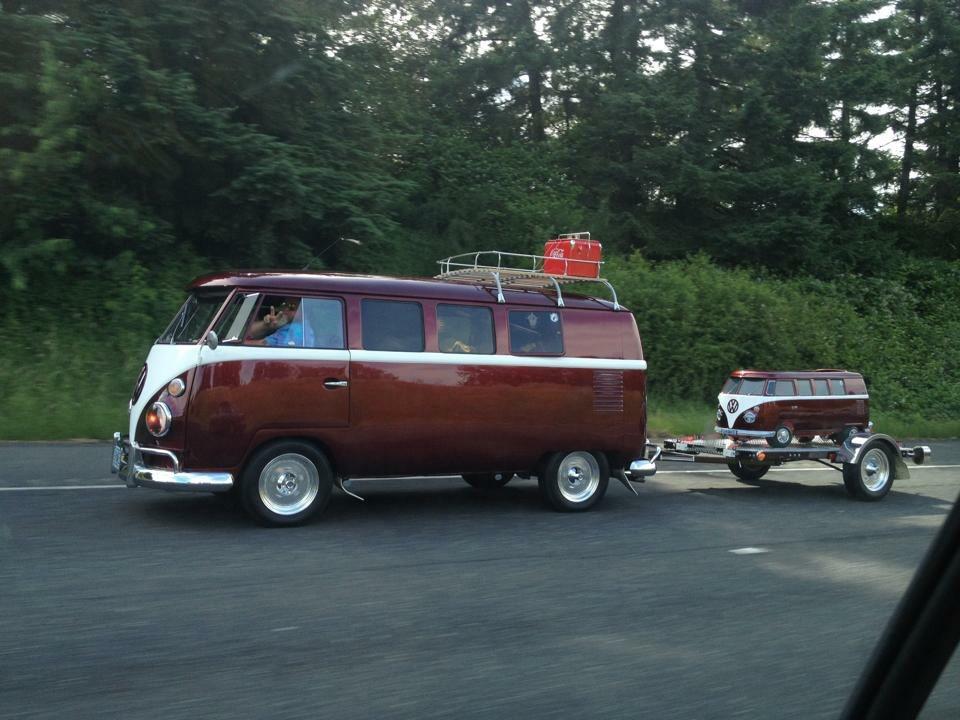 This VW Samba Bus towing a miniature Samba Bus