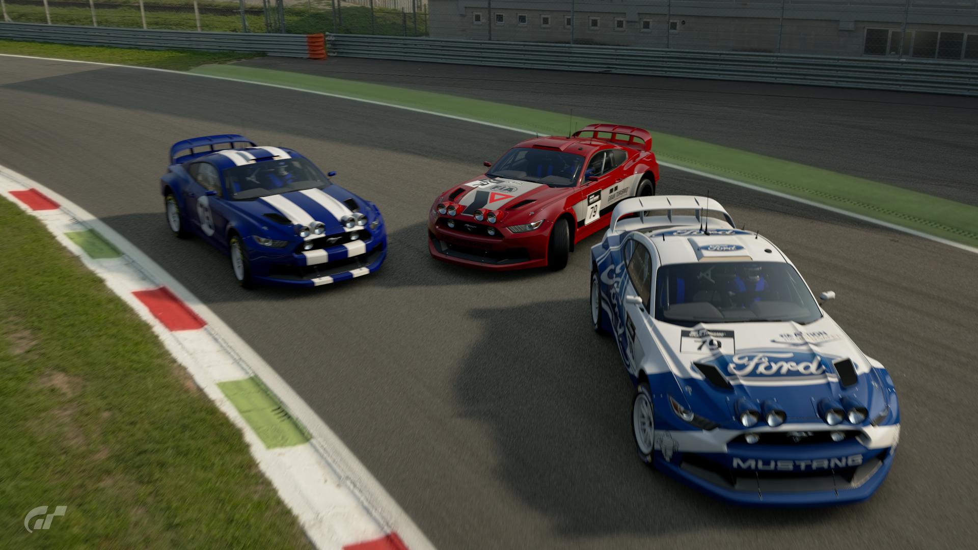 Three Mustangs, one corner.