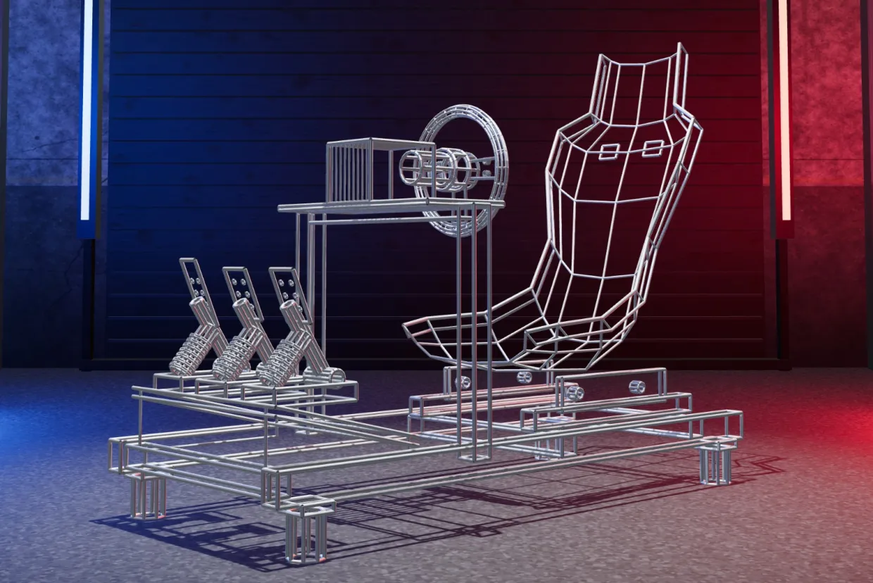 A wireframe sim racing rig with a seat, wheel, wheel base, and pedals mounted on a cockpit frame